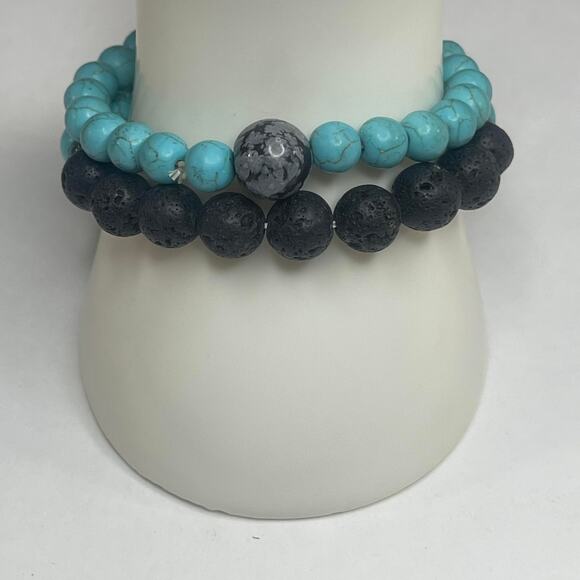 Set of two stretch bracelets beaded turquoise colored blue charcoal gray stones - Picture 2 of 7